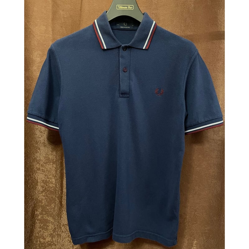 MADE IN ENGLAND製 FRED PERRY 襟ライン半袖鹿の子ポロシャツ ネイビー