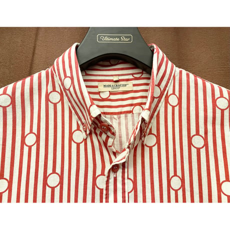 MADE IN PORTUGAL製 LEVI'S MADE & CRAFTED 半袖ストライプドット柄ボタンダウンシャツ レッド×ホワイト 1サイズ