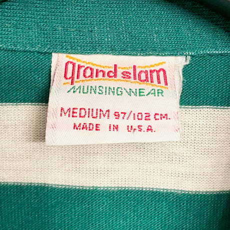 MADE IN USA製 70s~80s MUNSINGWEAR grand slam ボーダー柄 ポケット付き半袖ニットポロシャツ グリーン×ホワイト Mサイズ