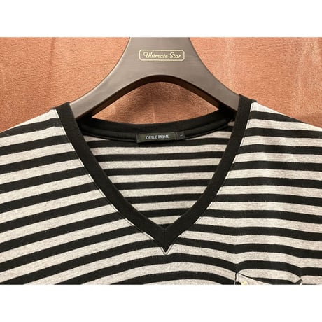 MADE IN JAPAN製 GUILD PRIME 胸ポケット付きVネックボーダーTシャツ ブラック×グレー 1サイズ