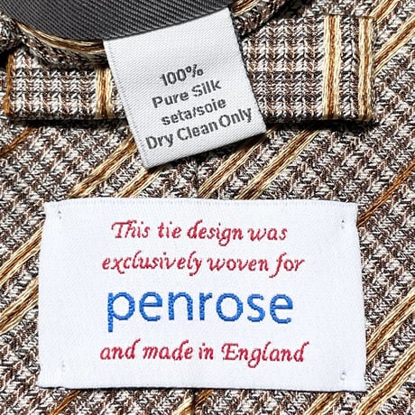MADE IN ENGLAND製 penrose チェックレジメンタルストライプ柄シルクネクタイ ブラウン