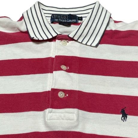 MADE IN USA製 Polo by Ralph Lauren ボーダー柄半袖鹿の子ポロシャツ レッド×ホワイト Lサイズ