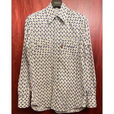MADE IN ENGLAND製 80s～90s COLIN HARVEY BLUE SPOT 総柄長袖ウエスタンシャツ ホワイト Mサイズ