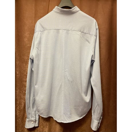 MADE IN USA製 Frank & Eileen THOMAS MASON生地 長袖ストライプ柄ニットシャツ ライトブルー×ホワイト Sサイズ