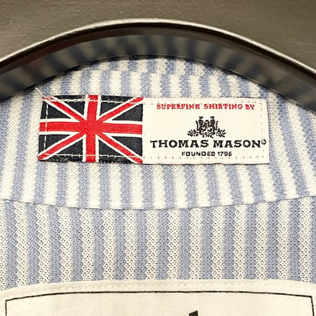MADE IN USA製 Frank & Eileen THOMAS MASON生地 長袖ストライプ柄ニットシャツ ライトブルー×ホワイト Sサイズ