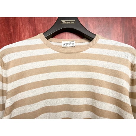 ▲訳あり商品▲ 【BARNEYS NEWYORK 取り扱い】 MADE IN ITALY製 S.Moritz ボーダー柄 クルーネックセーター ベージュ×ホワイト 48サイズ