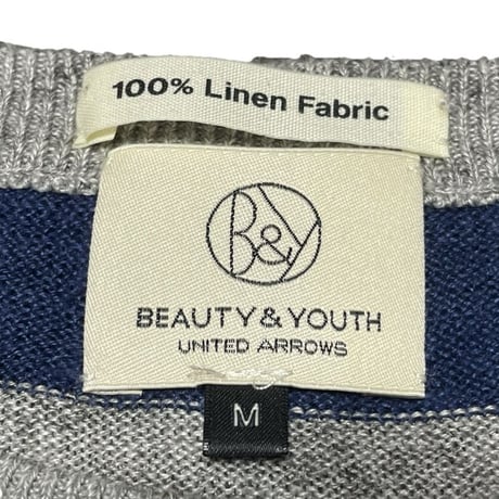 BEAUTY & YOUTH UNITED ARROWS ボーダー柄半袖リネンニットシャツ グレー×ネイビー Mサイズ