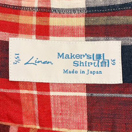 MADE IN JAPAN製 Maker's Shirt 鎌倉 チェック柄 リネン100% 長袖ボタンダウンシャツ レッド 39-15 1/2サイズ
