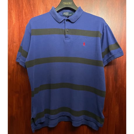 レア MADE IN USA製 Polo by Ralph Lauren ボーダー柄 半袖ニットポロシャツ ネイビーブルー Lサイズ