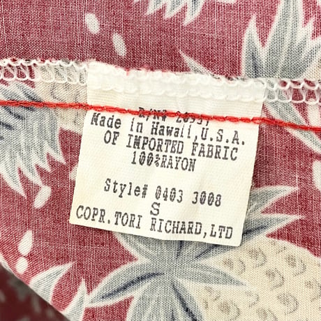 MADE IN HAWAII製 TORI RICHARD 半袖パイナップル柄アロハシャツ エンジ Sサイズ