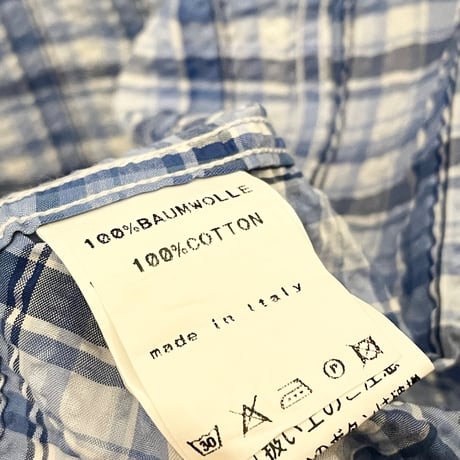 MADE IN ITALY製 PRANDI 半袖チェック柄ボタンダウンシアサッカーシャツ ブルー Lサイズ