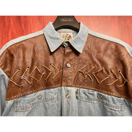 palet. JEANS レザー切り替え長袖デニムウエスタンシャツ ライトインディゴ×ブラウン Lサイズ