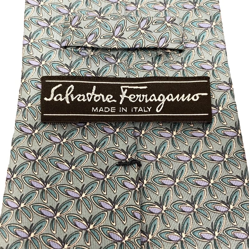 MADE IN ITALY製 Salvatore Ferragamo 蝶柄シルクネクタイ グリ...