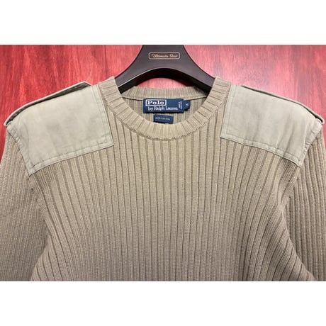 レア MADE IN HONG KONG製 90s インパクト21製 Polo by Ralph Lauren ミリタリーコットンセーター オリーブ Mサイズ