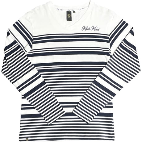 Karl Kani Vネック長袖ボーダーTシャツ ホワイト×ネイビー Mサイズ