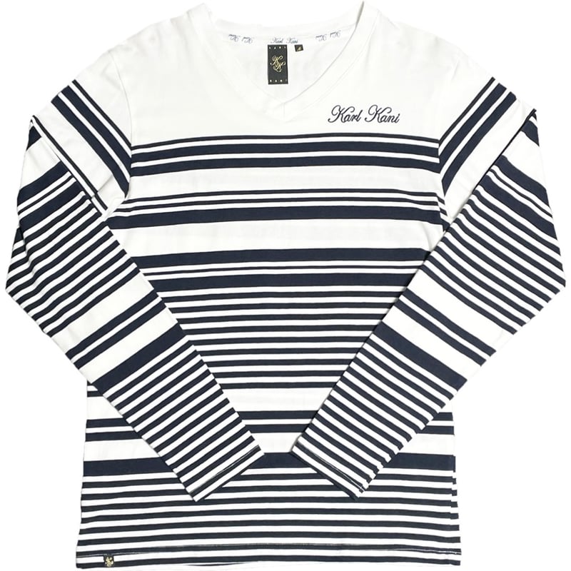 Karl Kani Vネック長袖ボーダーTシャツ ホワイト×ネイビー Mサイズ 