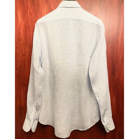 CIT LUXURY チェック柄 長袖ボタンダウンリネンシャツ スカイブルー×ホワイト Mサイズ