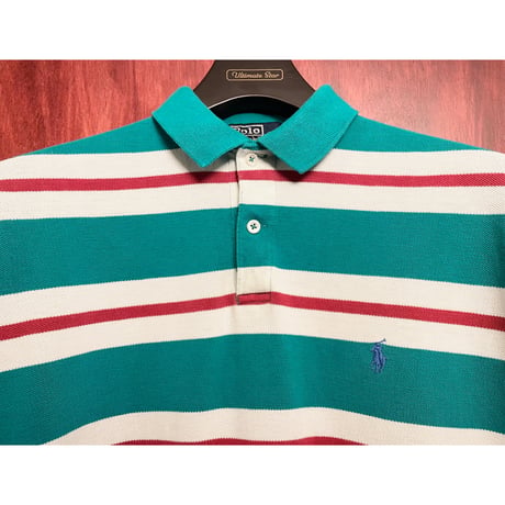 レア MADE IN USA製 Polo by Ralph Lauren ボーダー柄 半袖鹿の子ポロシャツ マルチカラー Mサイズ