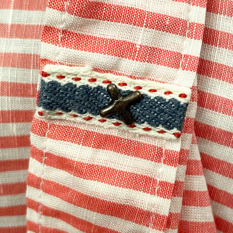 ▲訳あり商品▲ 【BARNEYS NEWYORK 取り扱い】 MADE IN ITALY製 POGGIANTI 1958 長袖ボーダー柄コットンリネンシャツ レッド×ホワイト Mサイズ