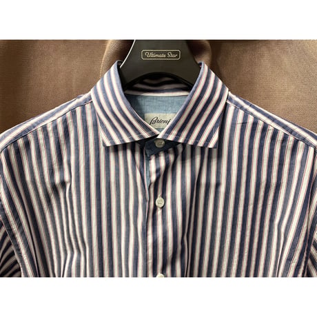 MADE IN ITALY製 Brioni 長袖ストライプ柄シャツ ホワイト×インディゴ 4サイズ