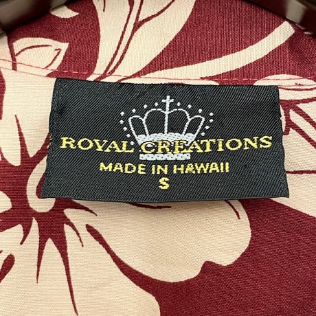 MADE IN HAWAII製 ROYAL CREATIONS 半袖アロハシャツ エンジ×ベージュ Sサイズ