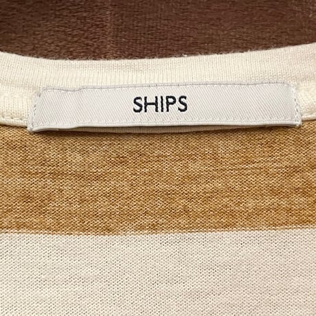 MADE IN JAPAN製 SHIPS VネックボーダーTシャツ キャメル×クリーム Lサイズ