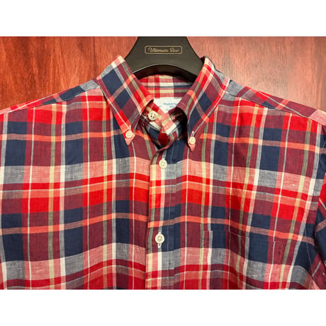 MADE IN JAPAN製 Maker's Shirt 鎌倉 チェック柄 リネン100% 長袖ボタンダウンシャツ レッド 39-15 1/2サイズ