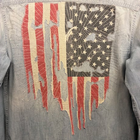 DENIM & SUPPLY RALPH LAUREN 星条旗 バック刺繍入り 長袖ダンガリーシャツ ライトインディゴ Sサイズ