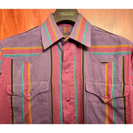 MADE IN USA製 80s～90s Panhandle Slim ストライプ柄長袖ウエスタンシャツ パープル 14 1/2×32サイズ