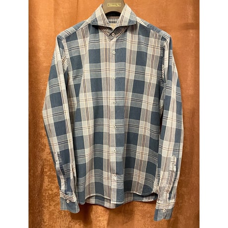 MADE IN ITALY製 ORIAN DENIM DIVISION Slim Fit 長袖デニムチェックシャツ ブルー×ライトブルー Sサイズ
