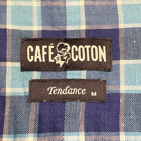 CAFÉ COTON ブロックチェック柄 長袖リネンコットンシャツ ブルー×ライトブルー Mサイズ