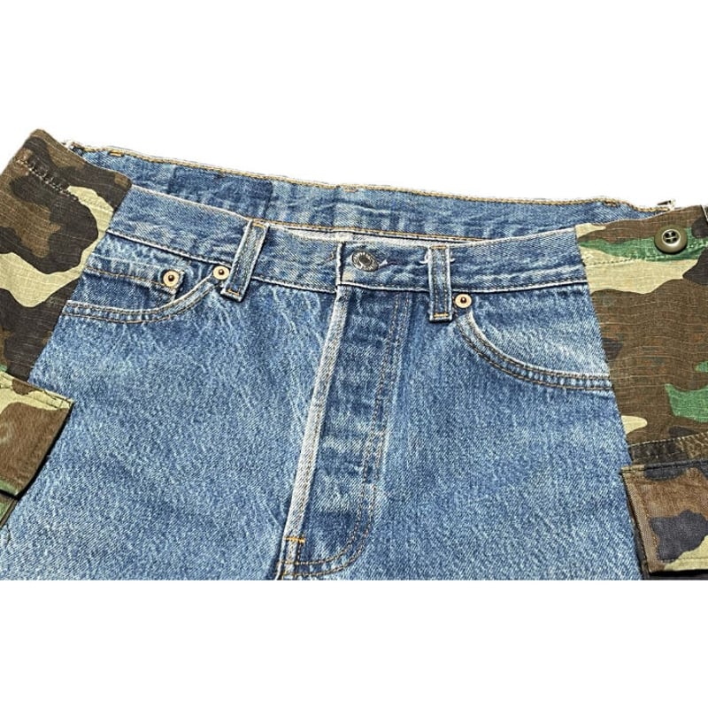 リメイク品 Levi's 501 デニム×迷彩カーゴハーフパンツ ライト リメイク品 Levi's 501 デニム×迷彩カーゴハーフパンツ ライト