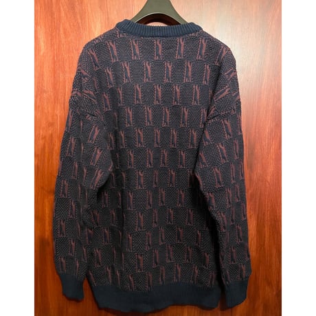 MADE IN NEW ZEALAND製 LYLE&SCOTT スーパーラムウールクルーネックセーター ネイビー×エンジ Lサイズ