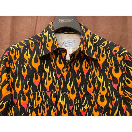 MADE IN USA製 Rockmount Ranch Wear 半袖ファイヤーパターンウエスタンシャツ ブラック 15.5サイズ