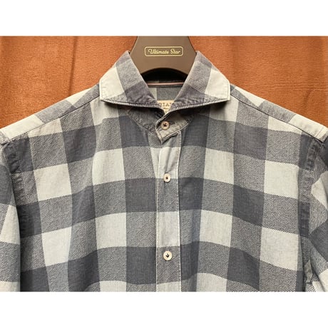 MADE IN ITALY製 ORIAN DENIM DIVISION ブロックチェック柄 長袖デニムシャツ ネイビー×ブルー Sサイズ