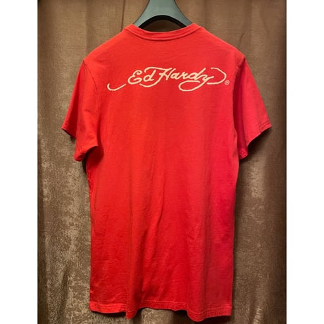 MADE IN USA製 ED HARDY ロゴ刺繍入りTシャツ レッド Mサイズ