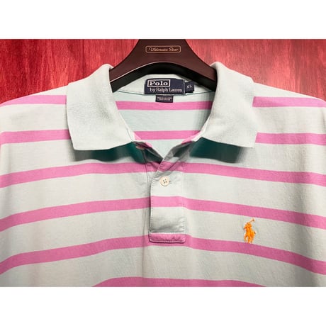 Polo by Ralph Lauren ボーダー柄 半袖ニットポロシャツ エメラルドグリーン×パープル XLサイズ