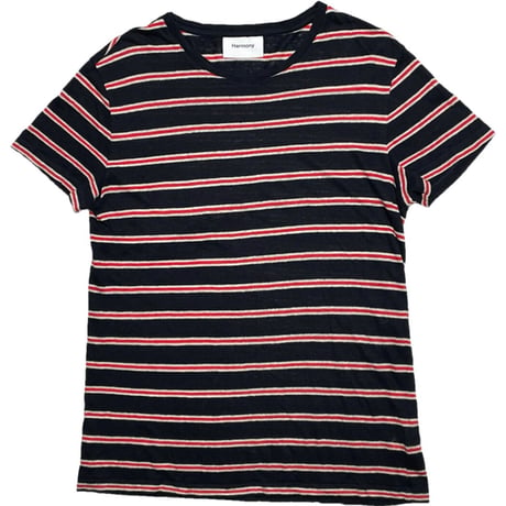 【UNITED ARROWS 取り扱い】 MADE IN PORTUGAL製 Harmony ボーダー柄半袖リネンTシャツ ネイビー×レッド Mサイズ