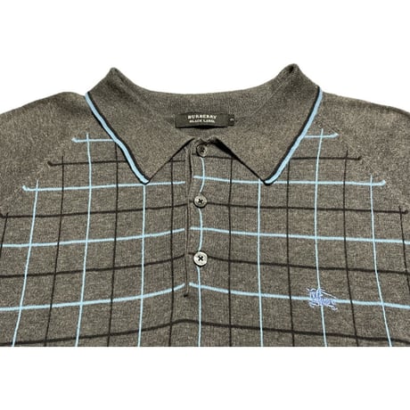 BURBERRY BLACK LABEL チェック柄半袖ニットポロシャツ チャコールグレー 3/Lサイズ