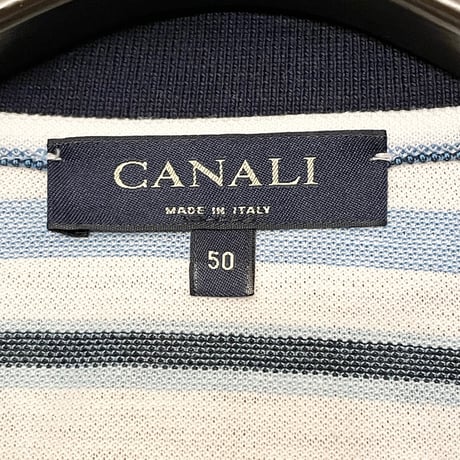 MADE IN ITALY製 CANALI 半袖ボーダー柄鹿の子ポロシャツ ホワイト 50サイズ