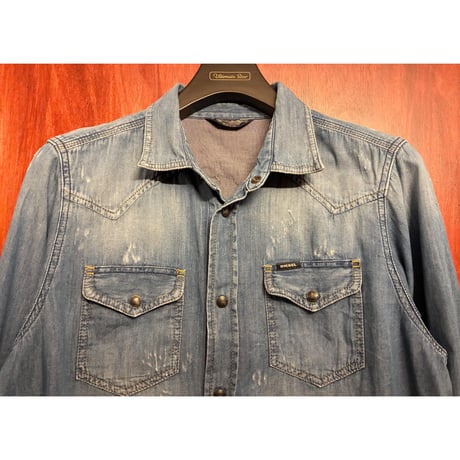 MADE IN ROMANIA製 DIESEL ダメージ加工 長袖デニムウエスタンシャツ ライトインディゴ Mサイズ
