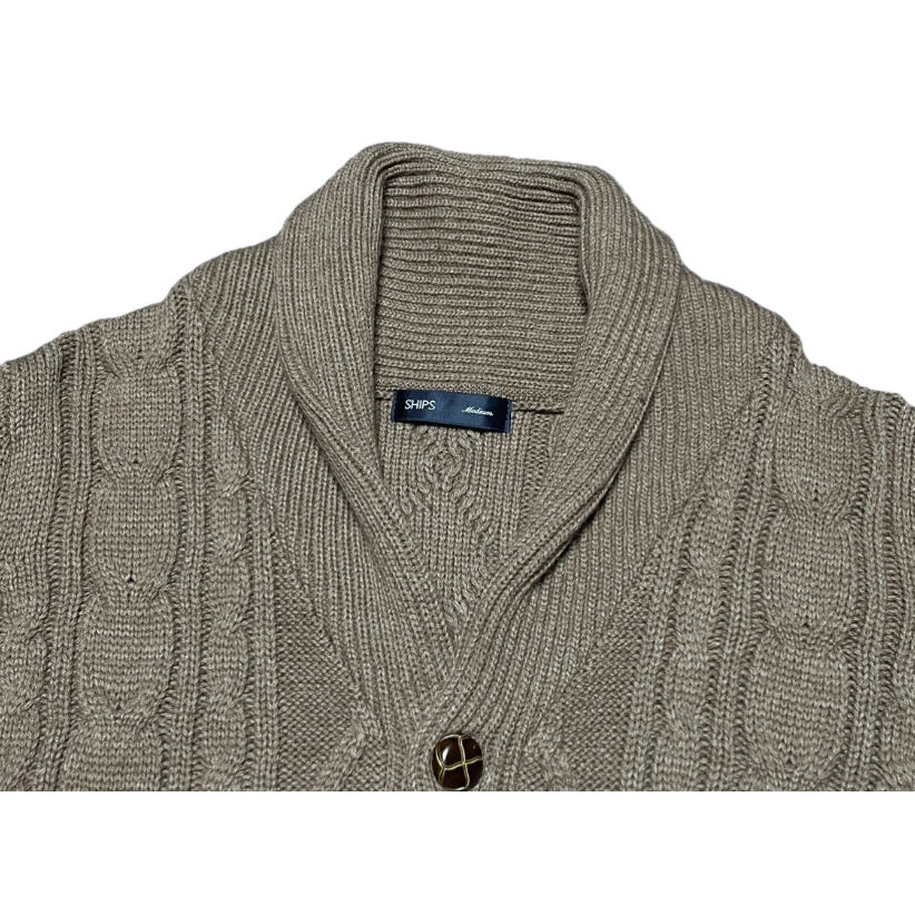SHIPS ショールカラーケーブルニットカーディガン ブラウン Mサイズ