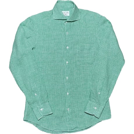 MADE IN ITALY製Cotonificio Albini生地使用 MADE IN JAPAN製 FAIRFAX 長袖ギンガムチェック柄リネンシャツ グリーン Mサイズ