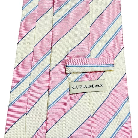 MADE IN ITALY製 KRIZIAUOMO レジメンタルストライプ柄シルクネクタイ ピンク×アイボリー