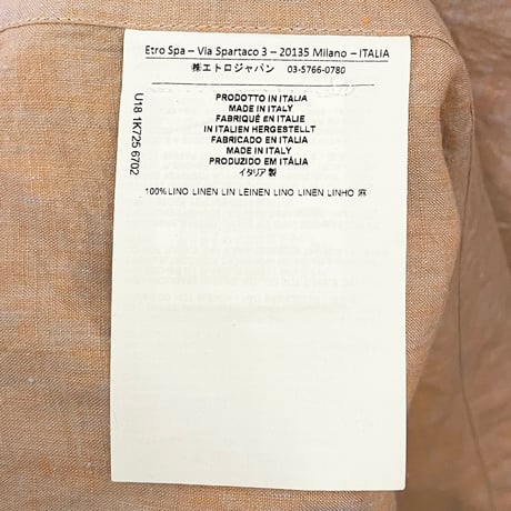 MADE IN ITALY製 ETRO ロングジャケット型 長袖リネンスタンドカラーシャツ オレンジ Lサイズ