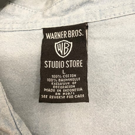 90's WARNER BROS. STUDIO STORE キャラクター刺繍入りダンガリーシャツ ライトインディゴ Lサイズ