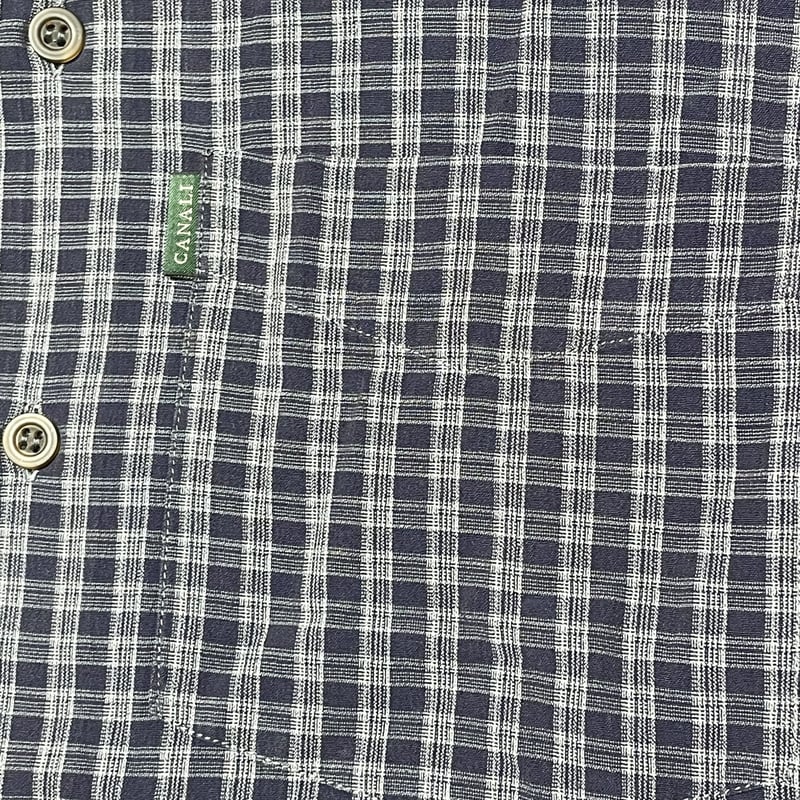 MADE IN ITALY製 CANALI 長袖チェックシャツ ネイビー 37-14 1/2サ...