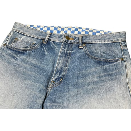 名作 MADE IN JAPAN製 PHENOMENON タイガーカモ切り返しデニムパンツ ライトインディゴ W32サイズ