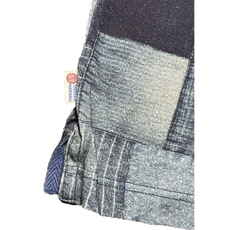 MADE IN ITALY製 FRANKLIN MARSHALL ALUMNI パッチワークプリント加工 半袖ニットポロシャツ インディゴ XSサイズ