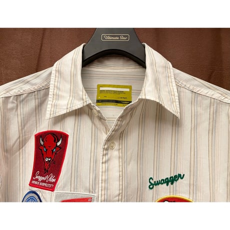 MADE IN JAPAN製 SWAGGER ワッペン付き 長袖ストライプシャツ ホワイト Lサイズ